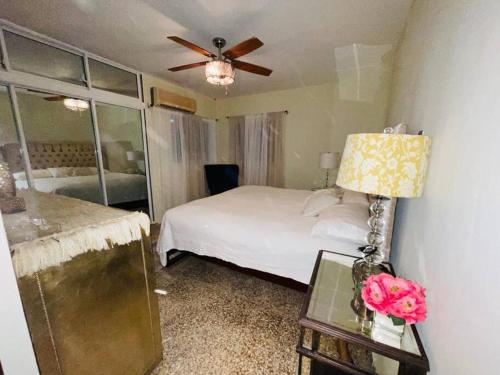 a bedroom with a bed and a ceiling fan at Dulce hogar del sur, con estacionamiento gratis in Baní