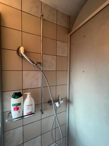 a shower in a bathroom with a shower head at Vivez un conte de fée dans la pièce ronde d'une tour médiévale in Porrentruy