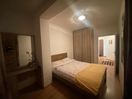a small bedroom with a bed and a mirror at 1 Bedroom flat in Kosovo Polje