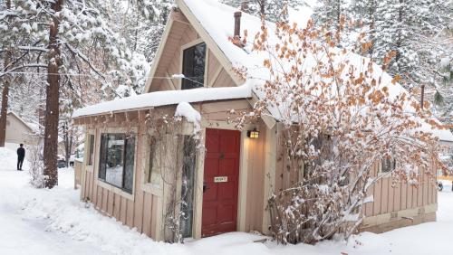 a house with a snow covered roof and trees at Sleepy Forest Cottages in Big Bear Lake