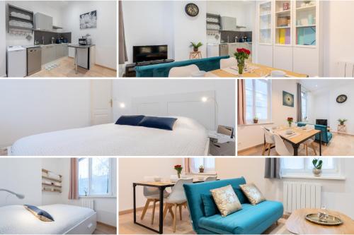 un collage de fotos de un dormitorio y una sala de estar en Blue Bail - T2 au calme - proche commerces en Douai