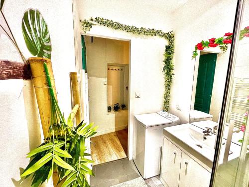 uma casa de banho com um lavatório e um espelho em *Tropical*Hyper centre *Fibre Wifi*Studio em Salon-de-Provence