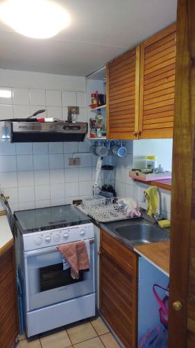 a kitchen with a white stove and a sink at Canto del agua in La Serena