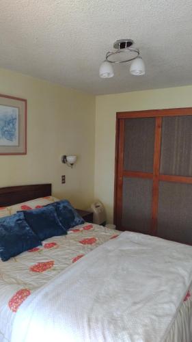 een slaapkamer met een bed met blauwe kussens erop bij Canto del agua in La Serena