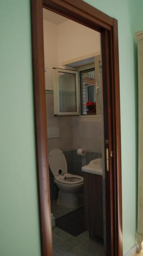 a bathroom with a toilet and a sink and a mirror at La Cannella in Anguillara Sabazia