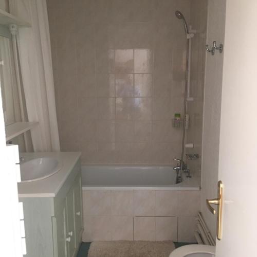une salle de bain avec une baignoire et un lavabo dans l'établissement Appart st François longchamp, à Saint-François-Longchamp