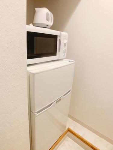 a microwave sitting on top of a refrigerator at OUCHI HOTEL Fujimi in Hiroshima