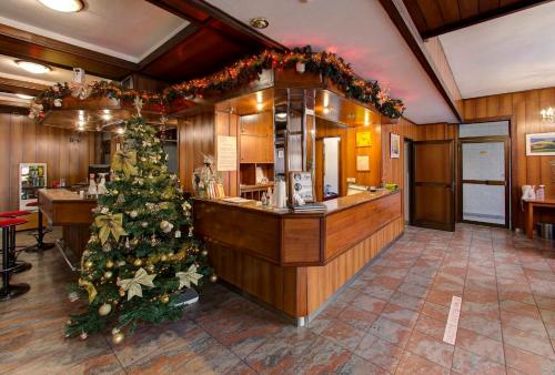 a christmas tree in a restaurant with a bar at Hotel Damis in Pale