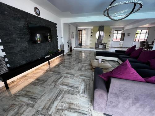 a living room with a couch and a fireplace at Villa Annjo in Pointe aux Piments