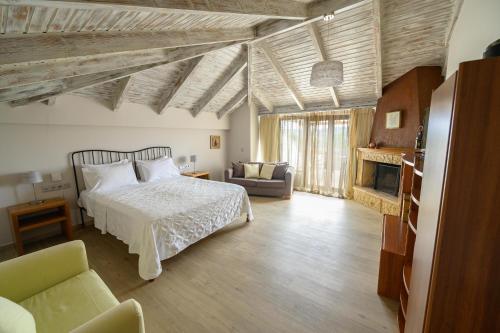 a bedroom with a bed and a couch and a fireplace at Hotel Europa Olympia in Olympia