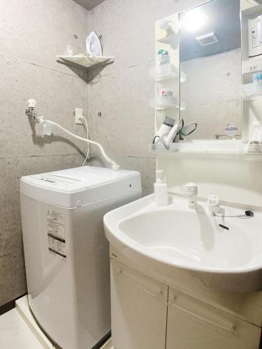 a bathroom with a sink and a toilet and a mirror at OUCHI HOTEL Fujimi in Hiroshima