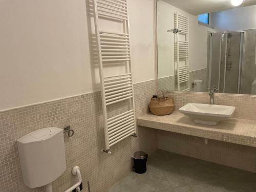 ein Badezimmer mit einem Waschbecken, einem WC und einem Spiegel in der Unterkunft Splendida taverna dotata di tutti i comfort a 500 mt dal mare in Marina di Carrara