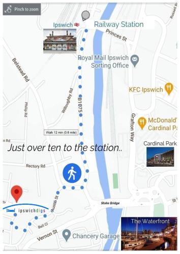 a map of the railway station with the text over them to the station at Victorian Terrace Old Stoke - With Self Check In and Free Parking - Rooms at ipswichdigs in Ipswich