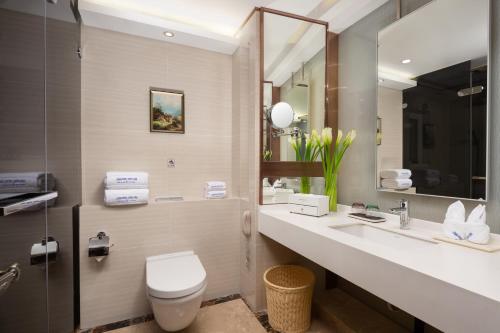 a bathroom with a white toilet and a sink at Shenzhen Bay Hisoar Hotel in Shenzhen