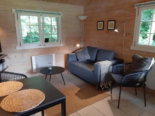 a living room with a blue couch and chairs at kemphaan in Appelscha