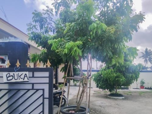 un panneau devant un arbre devant un bâtiment dans l'établissement Pondok Sundawa 2 Pangandaran Mitra RedDoorz, à Pangandaran