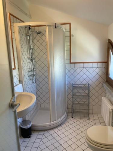 een badkamer met een douche en een wastafel bij Splendida camera familiare con lucernario a 500 mt dal mare in Marina di Carrara