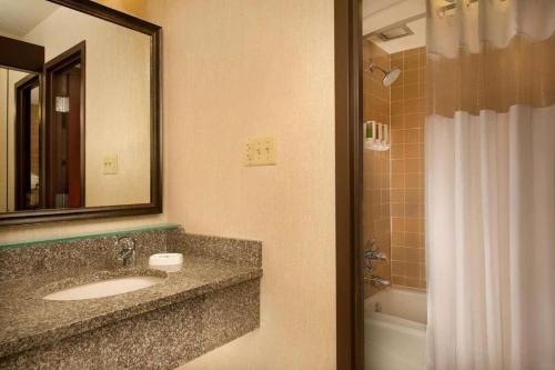 a bathroom with a sink and a mirror and a tub at Hotel Lotus Kansas City Stadium in Kansas City