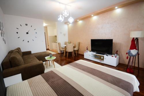 - un salon avec un lit, une télévision et un canapé dans l'établissement Apartman In Lux, à Vrnjačka Banja