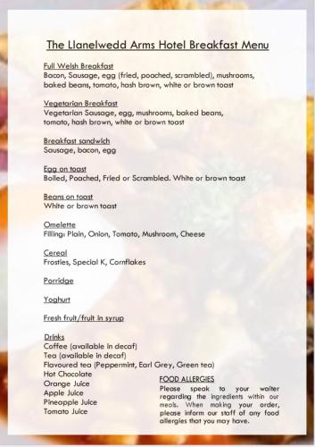 a letter from the lumley amps hotel breakfast menu at The Llanelwedd Arms Hotel in Builth Wells