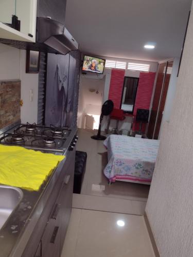a kitchen with a sink and a stove in a room at ALELI, NORTE cerca terminal, entr/sal aerpto, orquideorama,c de eventos valle del pcfco, base aérea mfs in Cali