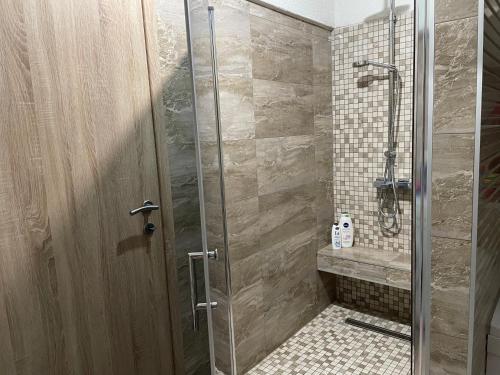 La salle de bains est pourvue d'une douche avec une porte en verre. dans l'établissement Apartments Stari Točak Sarajevo, à Sarajevo