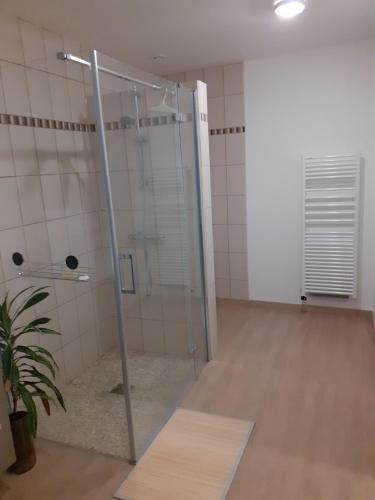 a shower with a glass door in a bathroom at Eclosion de lumière in Montmirail