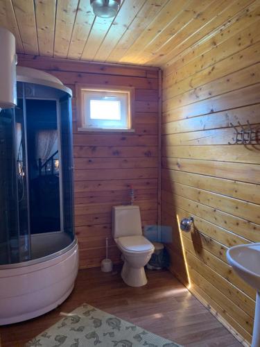 ゴルビツカヤにあるКоттеджи «Ласковый Берег»の木製バスルーム(トイレ、シンク付)