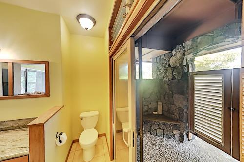 a bathroom with a toilet and a walk in shower at Mele Kai in Keaau