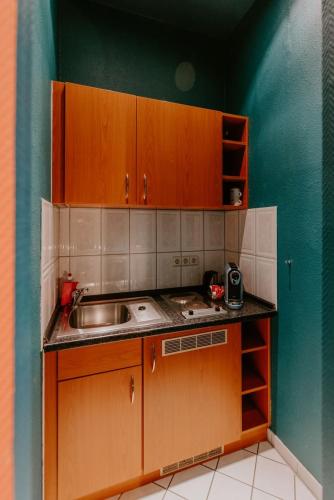 a small kitchen with wooden cabinets and a sink at Boutique Hotel Rothenburger Hof in Dresden