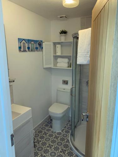a small bathroom with a toilet and a shower at Porth Beach Hotel in Newquay