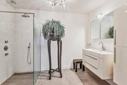 a bathroom with a shower and a sink and a plant at Landgoed Hermitage - Villa Minerva - XXL Zwemspa - max 16 personen in Ouddorp