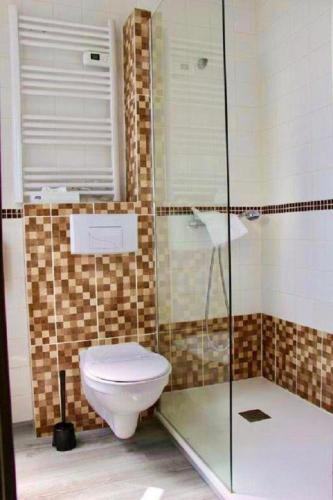 a bathroom with a toilet and a glass shower at Kyriad Restaurant Centre SPA Vichy in Vichy
