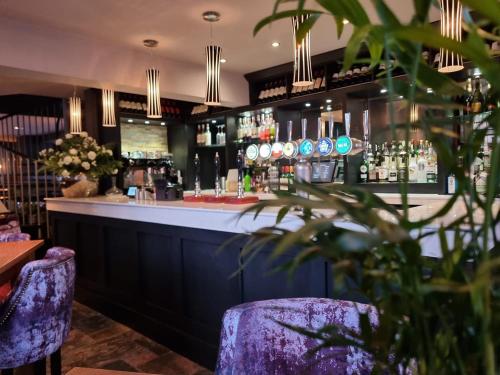 a bar with two purple chairs and a counter at The Lion Hotel in Brewood