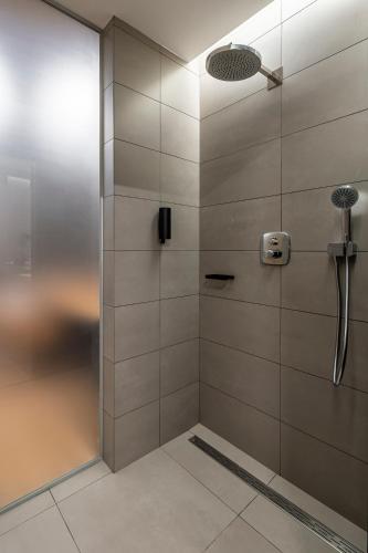 a shower with a glass door in a bathroom at Loft7 in Lviv