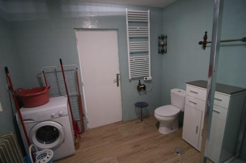 a bathroom with a washing machine and a toilet at Casa Labradores Piscina, SPA, Barbacoa y Salon Juegos in Camarenilla