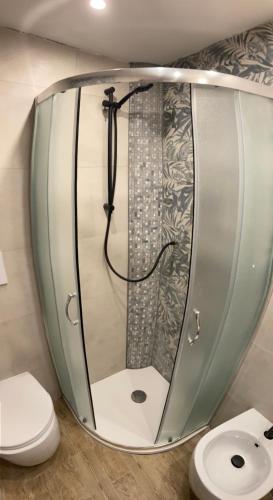 La salle de bains est pourvue d'une douche en verre et de toilettes. dans l'établissement MariSole Apt Lago Rotondo, à Mezzana