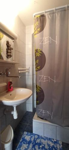 a bathroom with a shower curtain and a sink at Apartments Kornati in Ždrelac