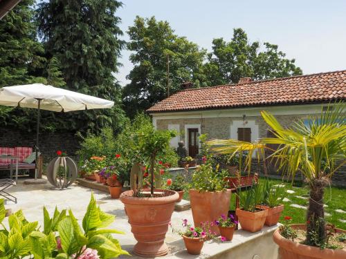 a garden with potted plants and an umbrella at Apartment Cavallo - MZO102 by Interhome in Belvedere Langhe