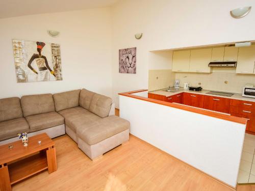 ein Wohnzimmer mit einem Sofa und einer Küche in der Unterkunft Apartment Pusa by Interhome in Sveti Filip i Jakov