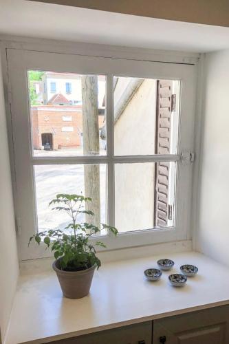 a window with a potted plant sitting on a counter at Holiday Home The Old Bakery by Interhome in Tonnerre