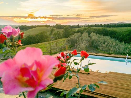 a vase of flowers sitting next to a pool at Apartment Podere La Torre-1 by Interhome in Certaldo