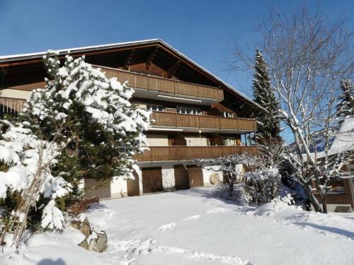 a building with a snow covered yard in front of it at Apartment Kristall by Interhome in Zweisimmen