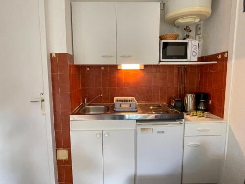 une petite cuisine avec un évier et un micro-ondes dans l'établissement Studio Le Cabestan-3 by Interhome, au Grau-du-Roi