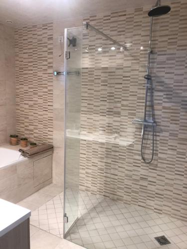 W łazience znajduje się prysznic ze szklanymi drzwiami. w obiekcie Gîte des vignes w mieście Précigné