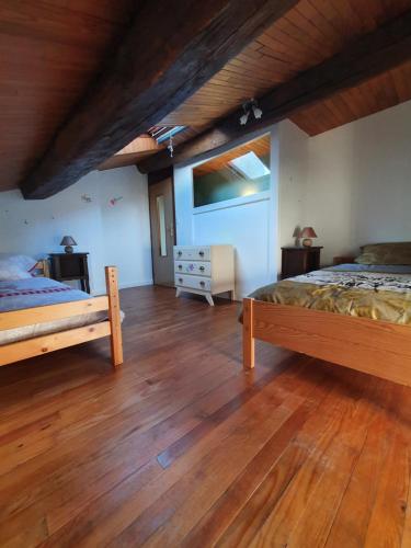 a bedroom with two beds and a wooden floor at Gite des luthiers in Mirecourt