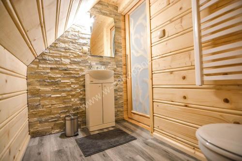 bagno con servizi igienici e parete in pietra di Tatrzanskie domki a Poronin