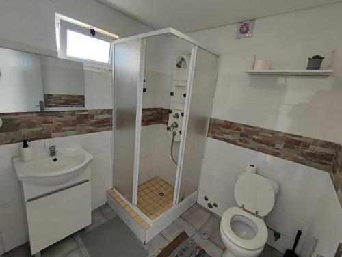 a bathroom with a shower and a toilet and a sink at Bonjoia Apartments in Porto