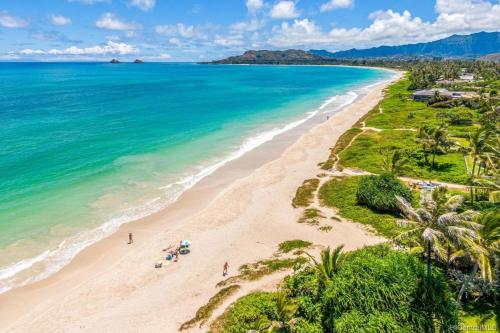 an aerial view of a beach with palm trees and the ocean at A Place of Peace where heaven meets the Ocean in Kailua