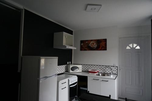 La cuisine est équipée d'un réfrigérateur blanc et d'un four micro-ondes. dans l'établissement Résidence Les Hauts de France, à Noeux-les-Mines